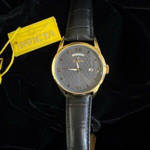 Invicta Gold Watch with Black Leather Strap